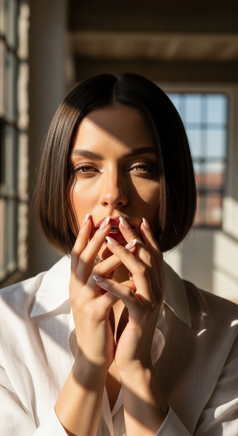A modern take on the French manicure with a sharp, V-shaped white tip on almond nails.
