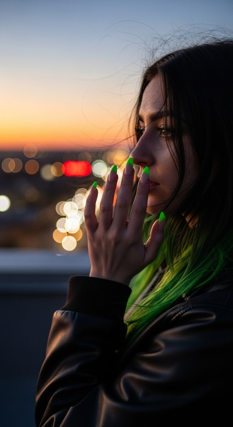 Eye-catching almond nails with a shockingly bright neon-colored French tip.