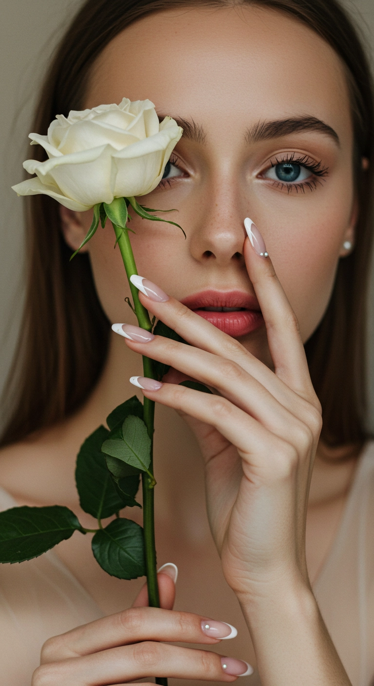Elegant and romantic almond nails with a pearly white French tip and a single delicate pearl embellishment.