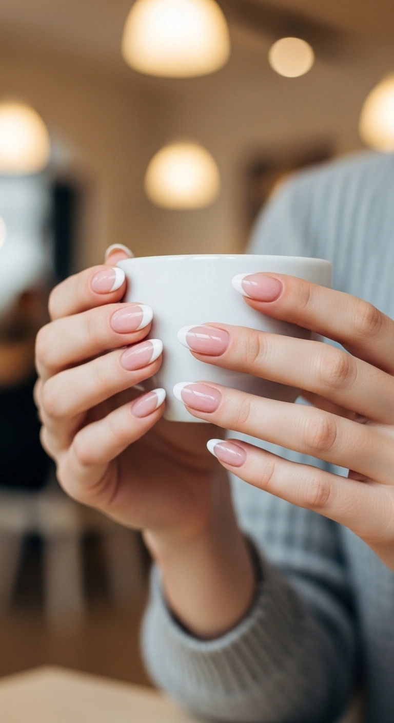 A close-up of perfectly manicured almond French tip nails with a classic white tip and nude base.