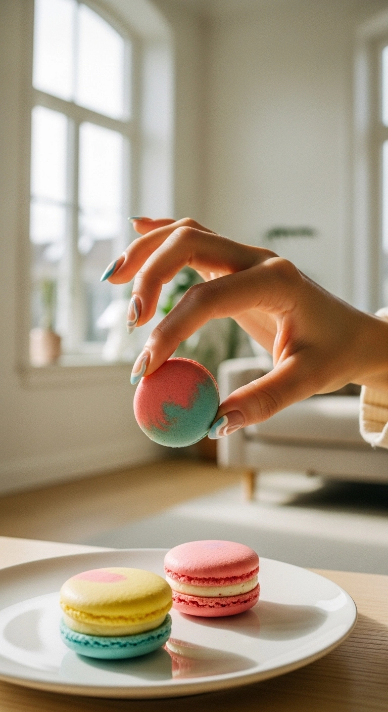 Playful and artistic almond nails with a French tip made of delicate, abstract swirls of color.