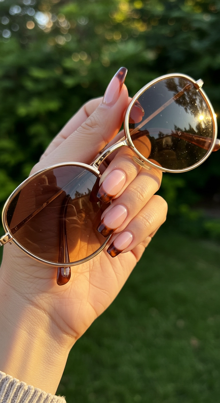 A sophisticated and trendy manicure featuring a classic tortoiseshell pattern on the French tip of almond nails.