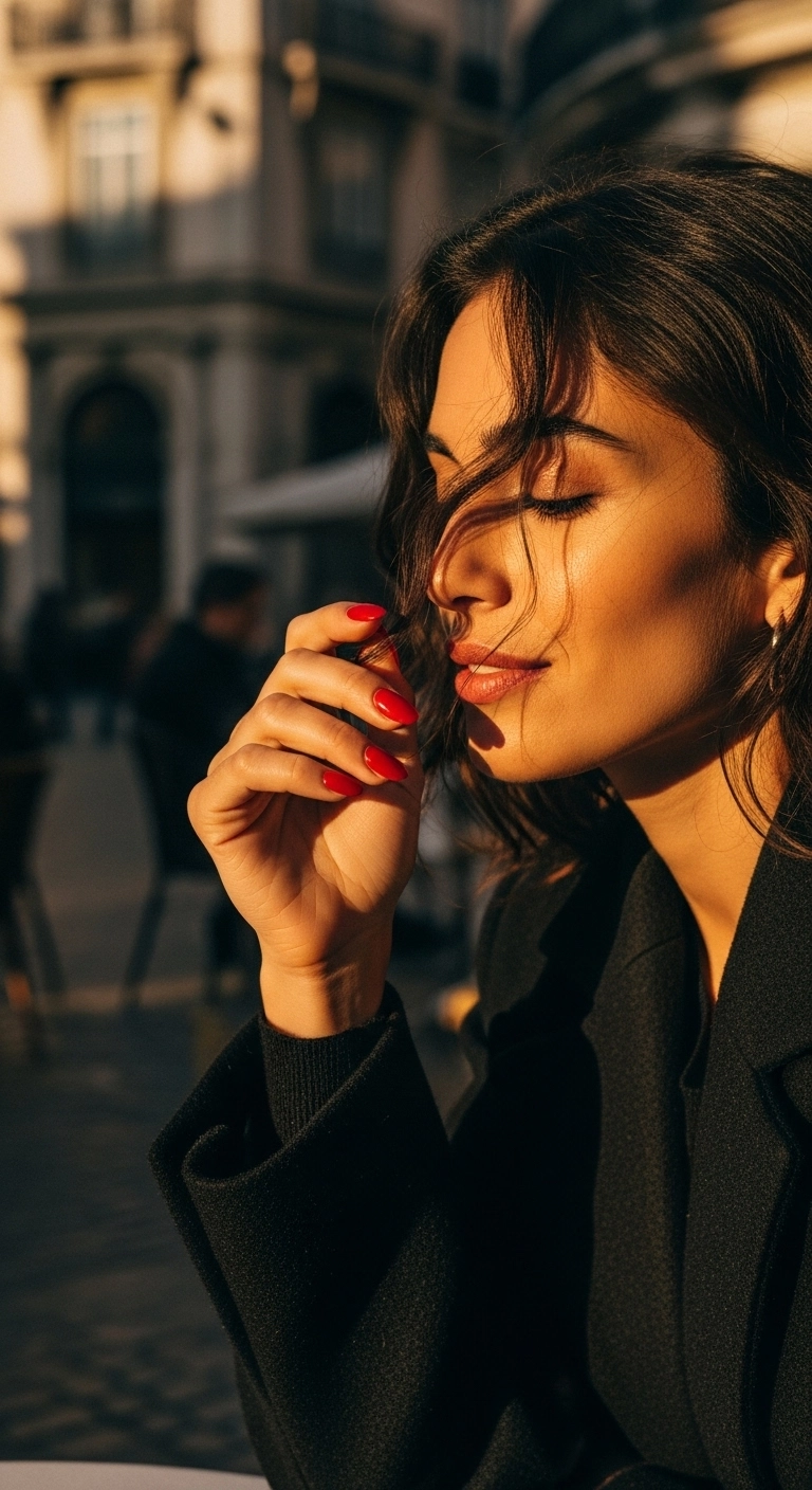 Almond-shaped nails with a vibrant and glossy cherry red French tip.