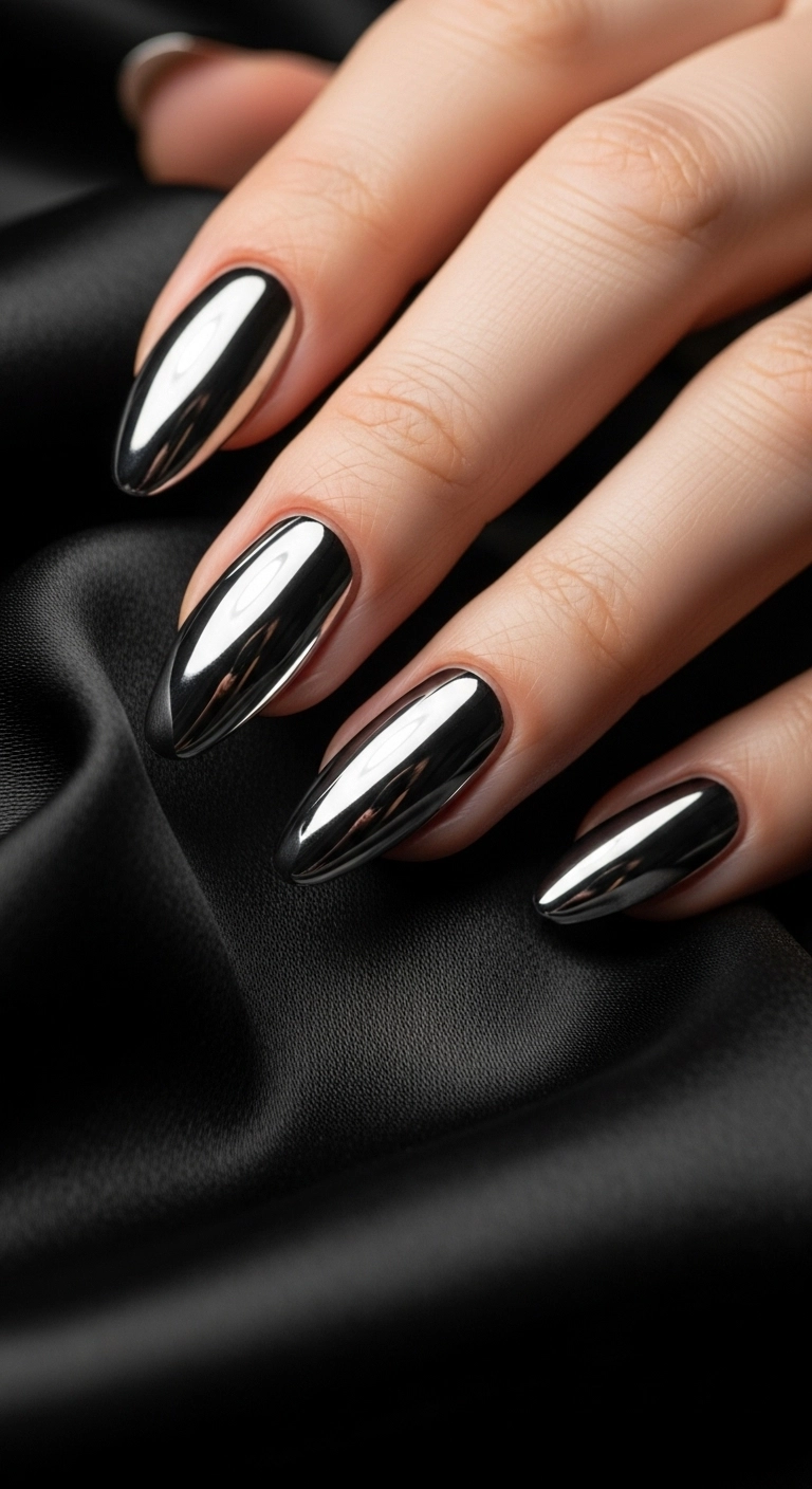 A futuristic manicure with almond nails featuring a high-shine, reflective silver chrome French tip.