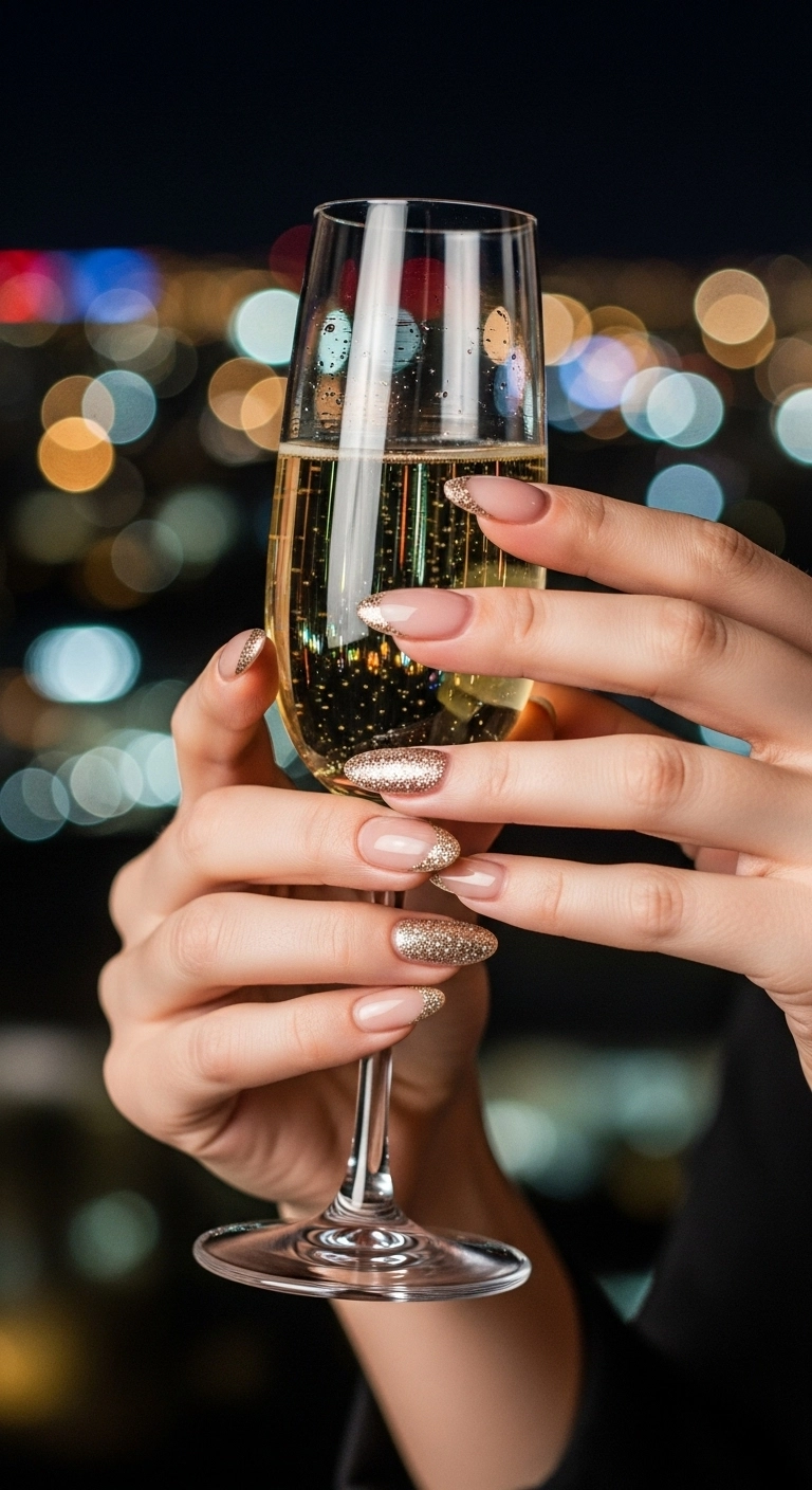 Elegant almond nails with a sparkling gold glitter French tip, perfect for a special occasion.