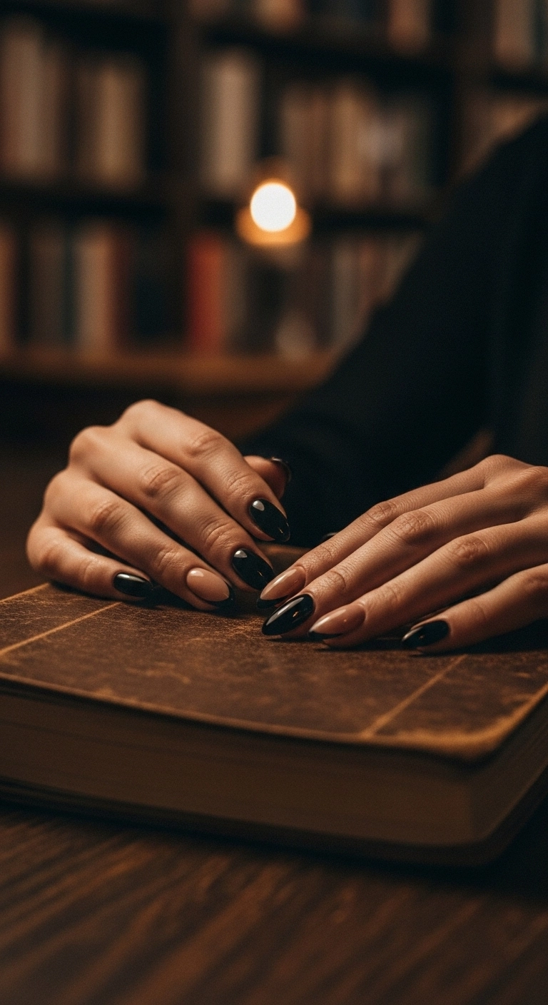 A sophisticated, high-contrast manicure with a matte black French tip on a glossy nude almond nail.