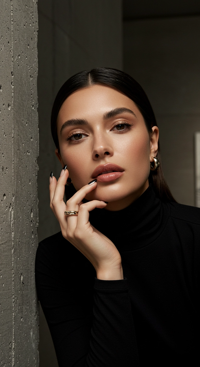 A woman's hand showcasing striking almond nails with a glossy black French tip.