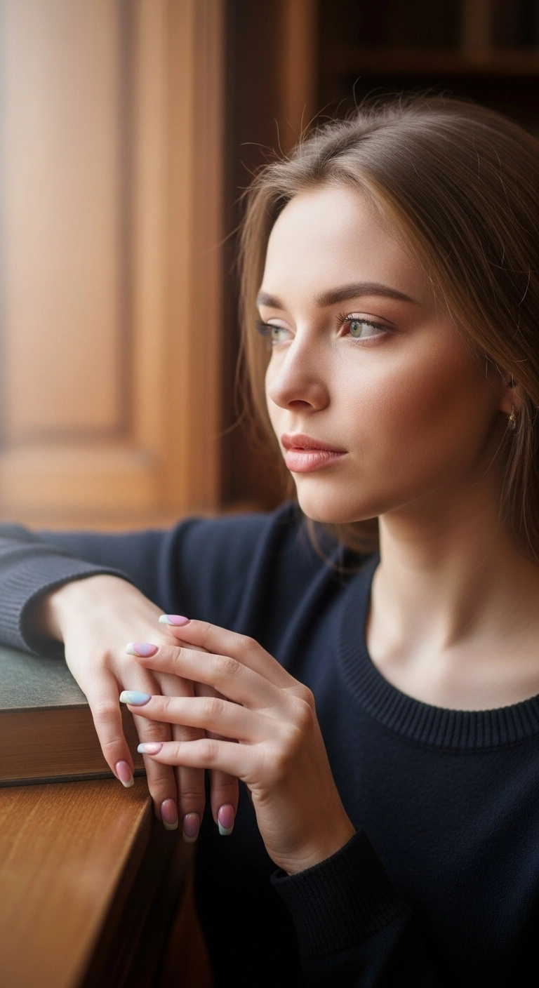 A soft and dreamy manicure featuring almond nails with different pastel-colored French tips.
