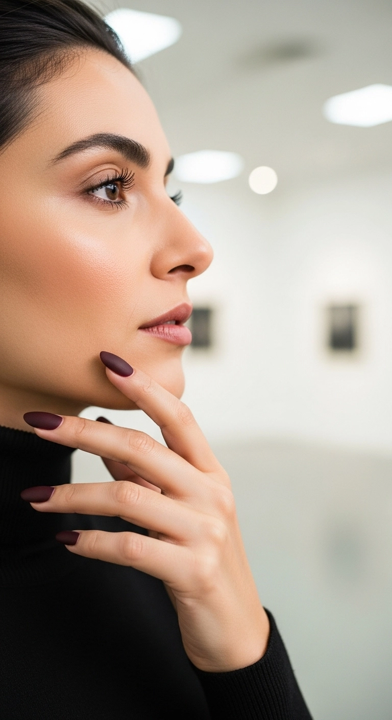 A woman with elegant deep burgundy matte almond nails.