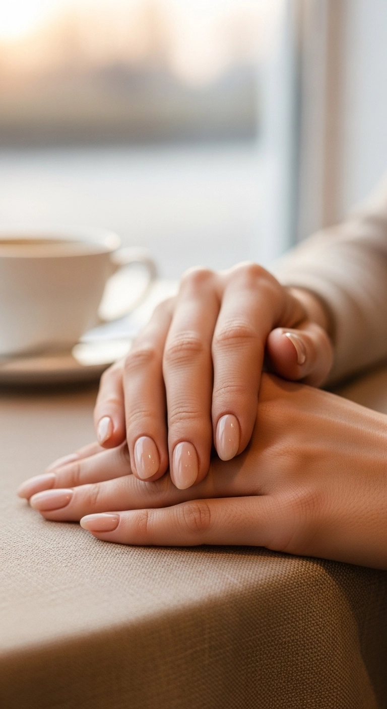 A woman's hands with classic sheer nude almond nails resting on a linen tablecloth.
