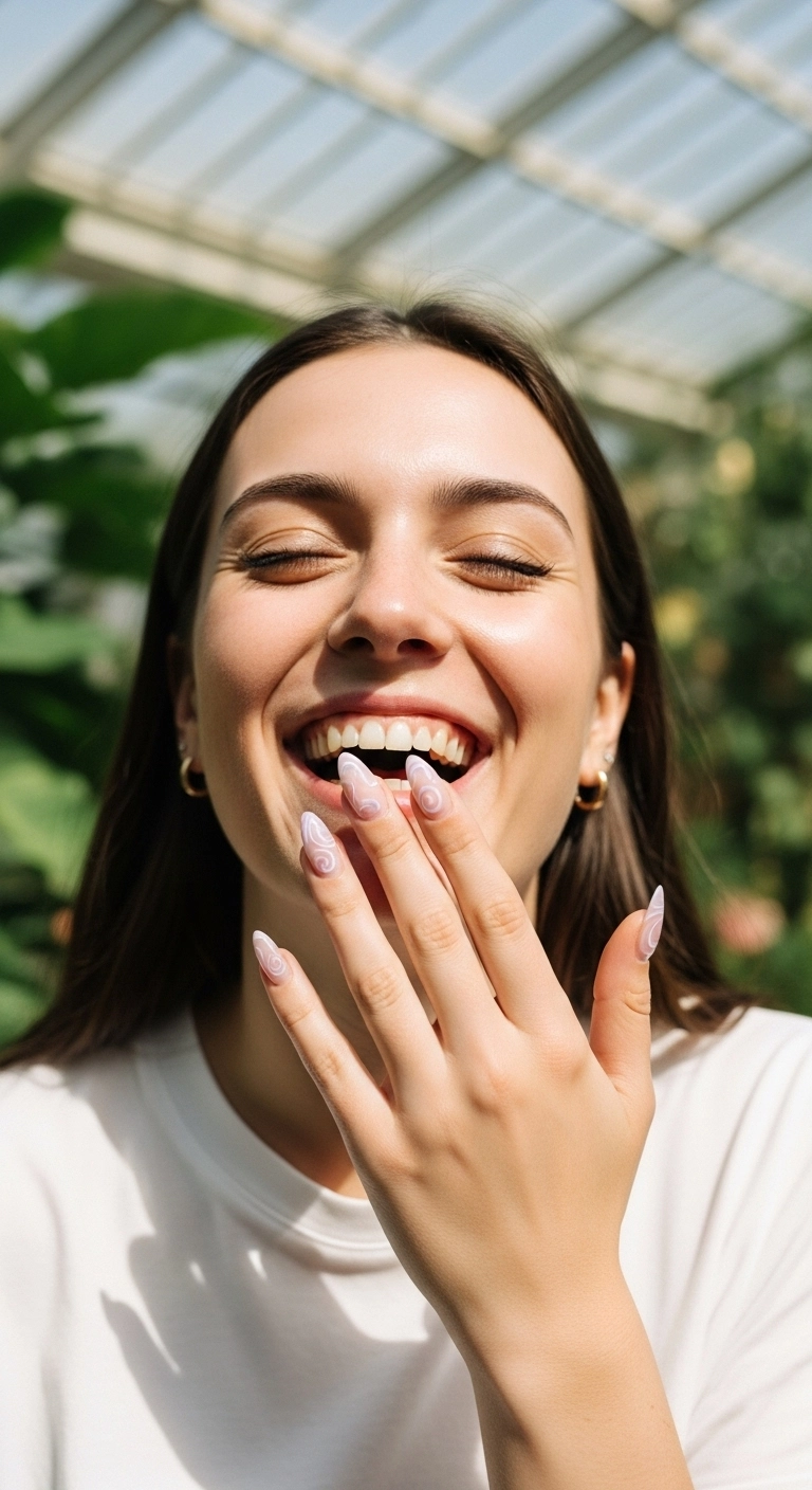 A woman showing her sheer almond nails with delicate lavender swirl designs.