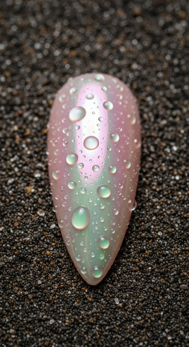 A macro shot of an almond nail with a pearly iridescent oyster shell effect.