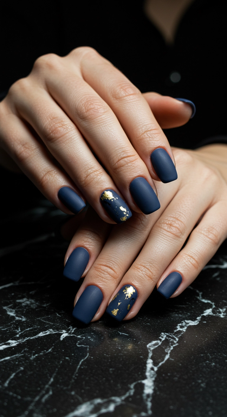 A dramatic shot of navy blue matte almond nails with abstract gold foil accents.