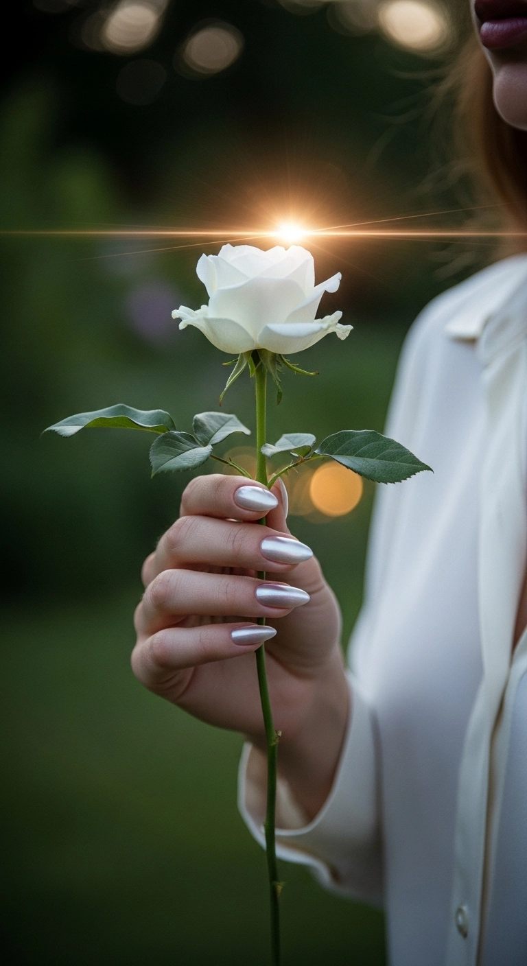 A hand with pearlescent glazed donut chrome almond nails holding a white rose.