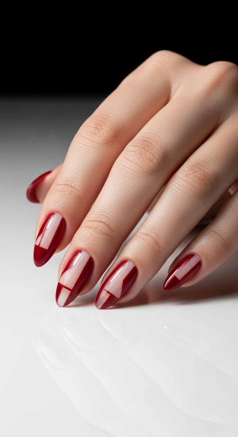 Almond nails with a bold red geometric negative space cutout design.