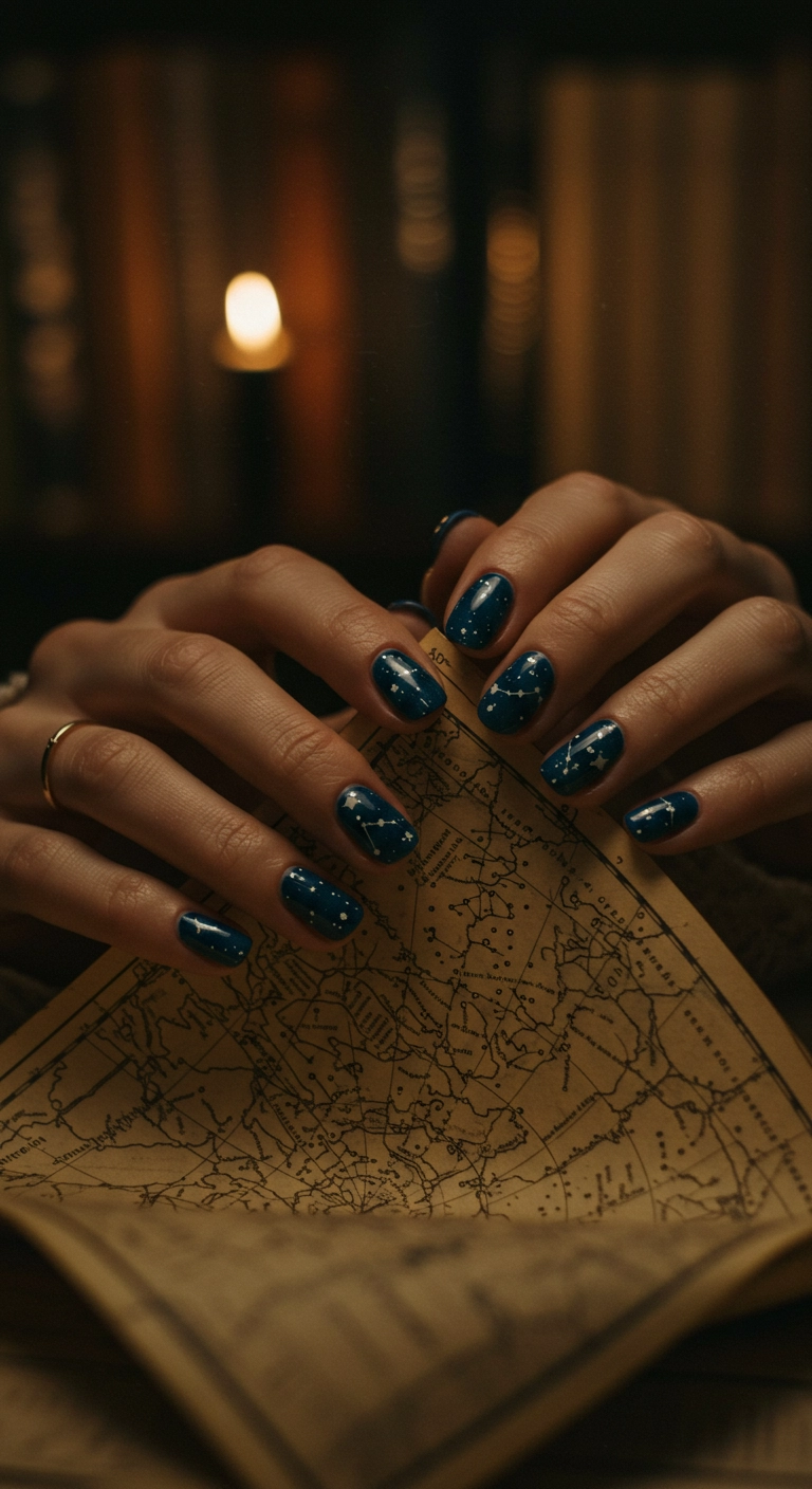 A woman's hands showing midnight blue almond nails with silver micro star constellations.