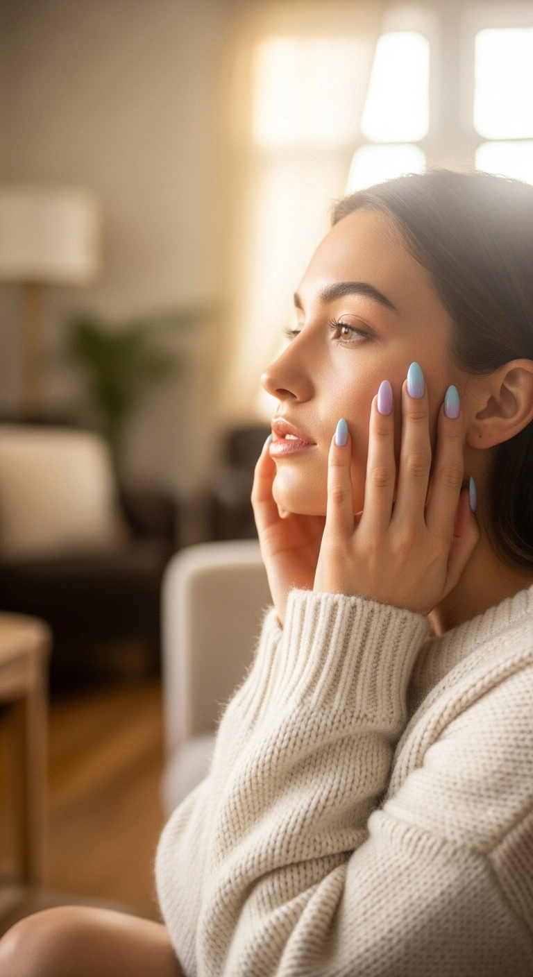 A woman showing her soft pastel ombré almond nails in shades of blue and lavender.