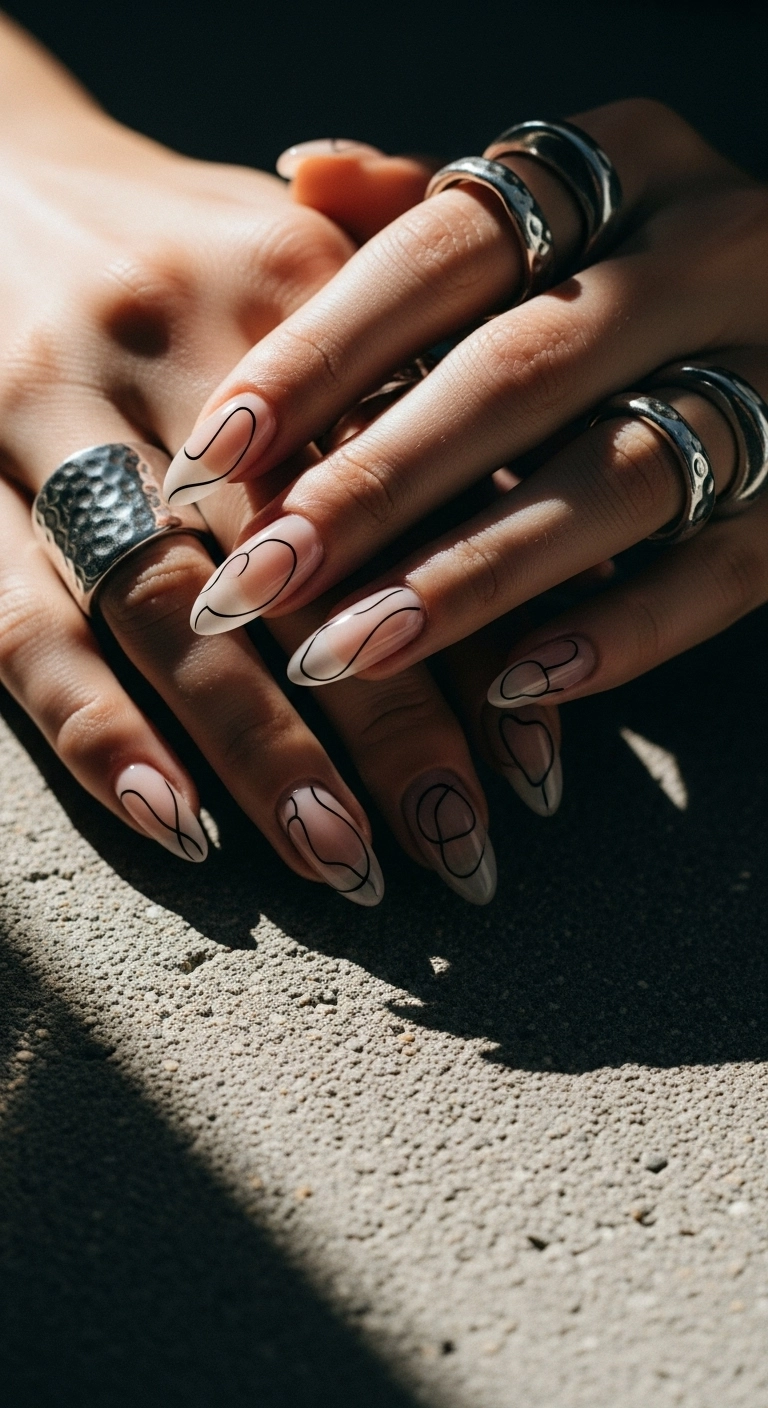 Close-up of almond nails with minimalist fine black abstract line art.