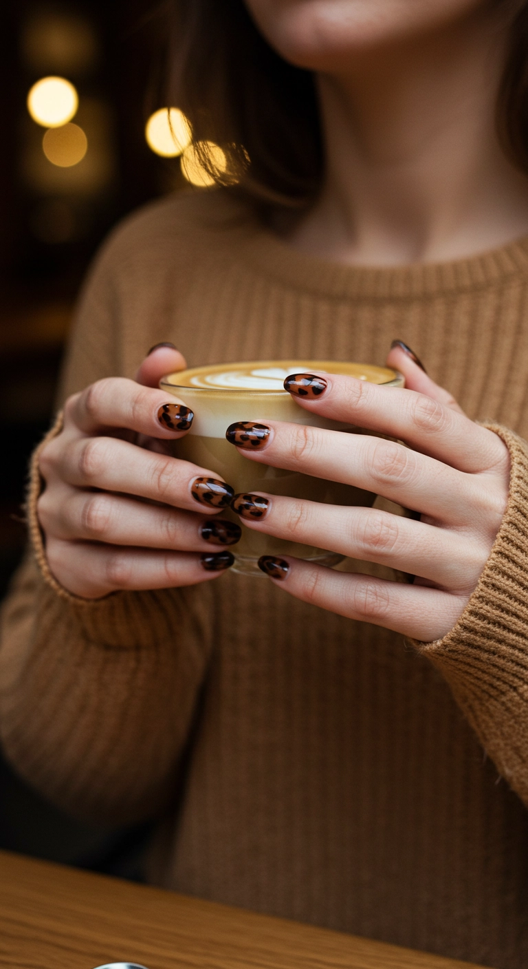 A woman in a cafe showing off her chic tortoiseshell pattern on almond nails.