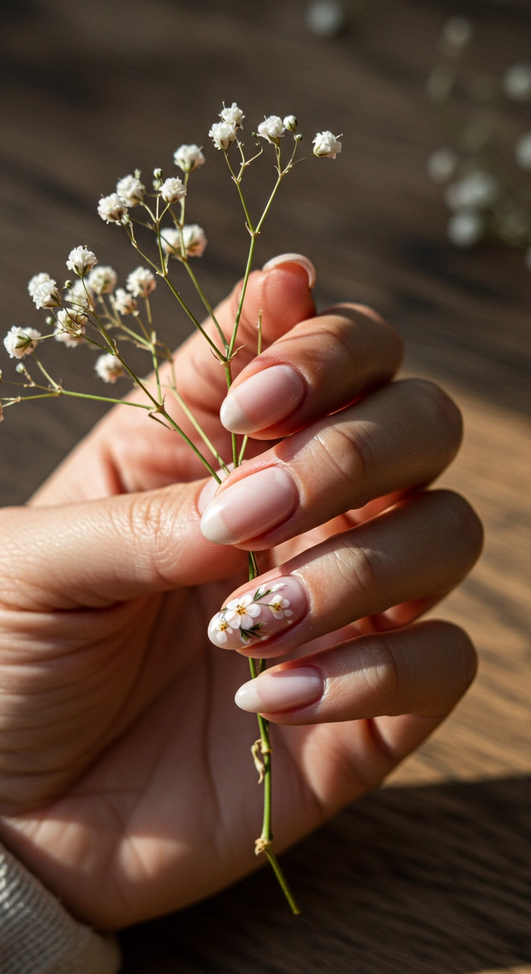 A close-up of milky white almond nails with dainty floral accent art.