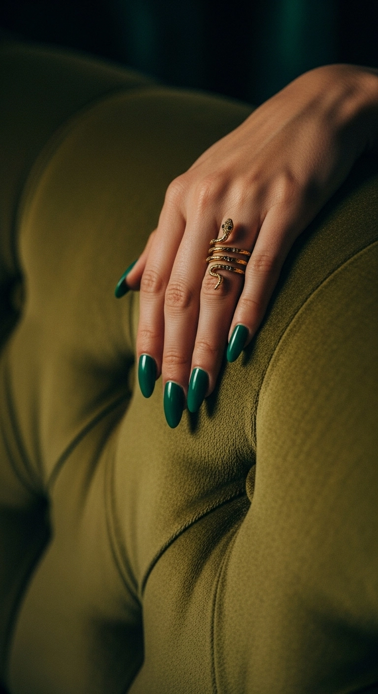 A hand with glossy, rich emerald green almond nails resting on a velvet couch.