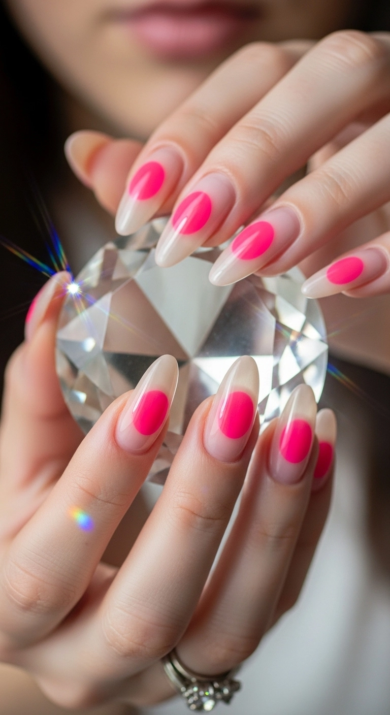 A woman's hands showcasing ethereal aura almond nails with a pink center.