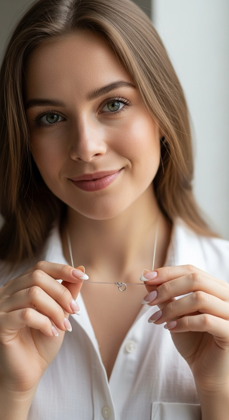 A woman showcasing her modern micro-French manicure on almond nails.