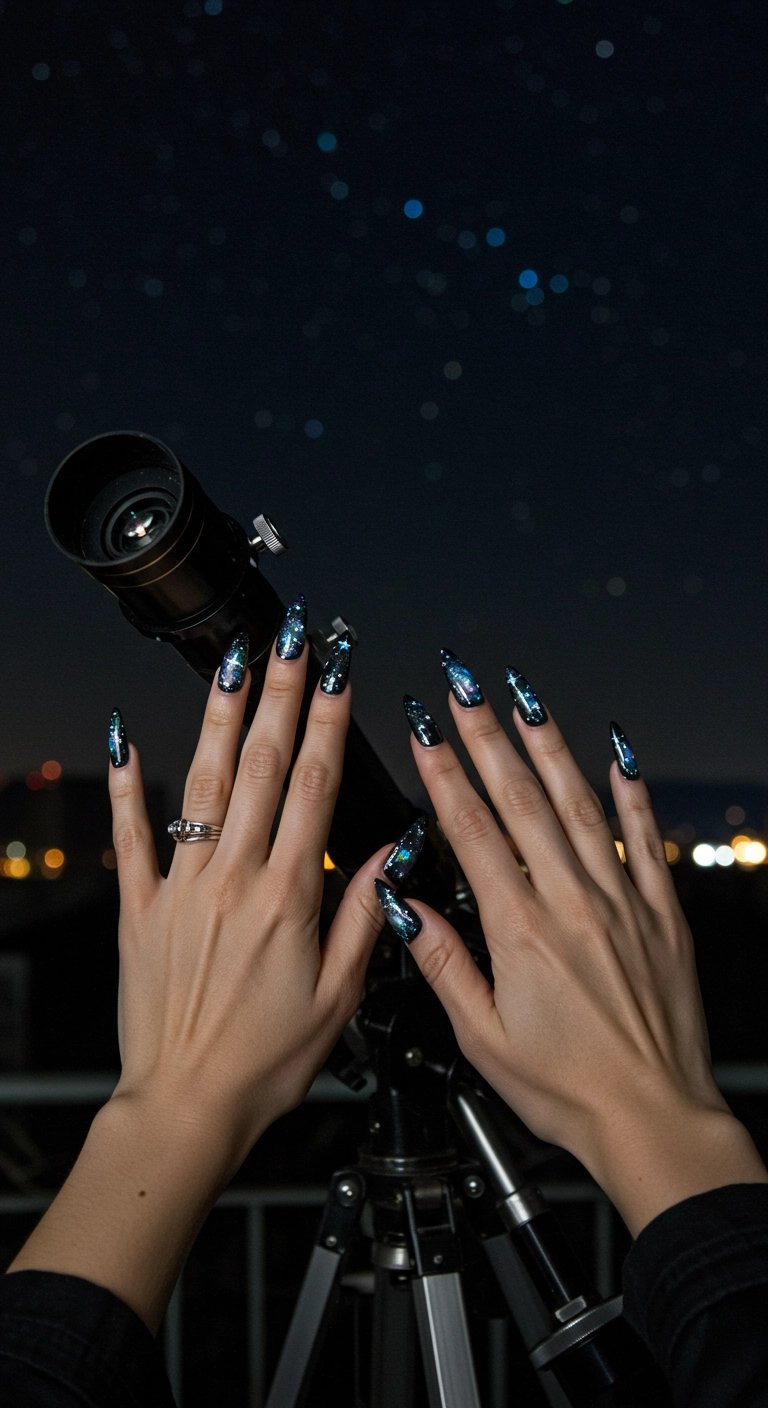 Long black stiletto nails decorated with tiny silver holographic stars, creating a starry night sky effect.