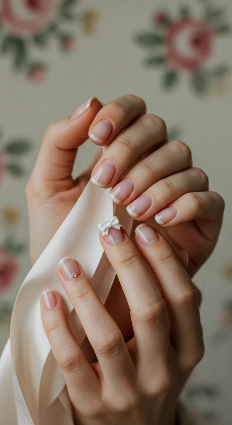 Short baby pink nails with a tiny 3D white bow charm on the ring finger, embodying the coquette trend.