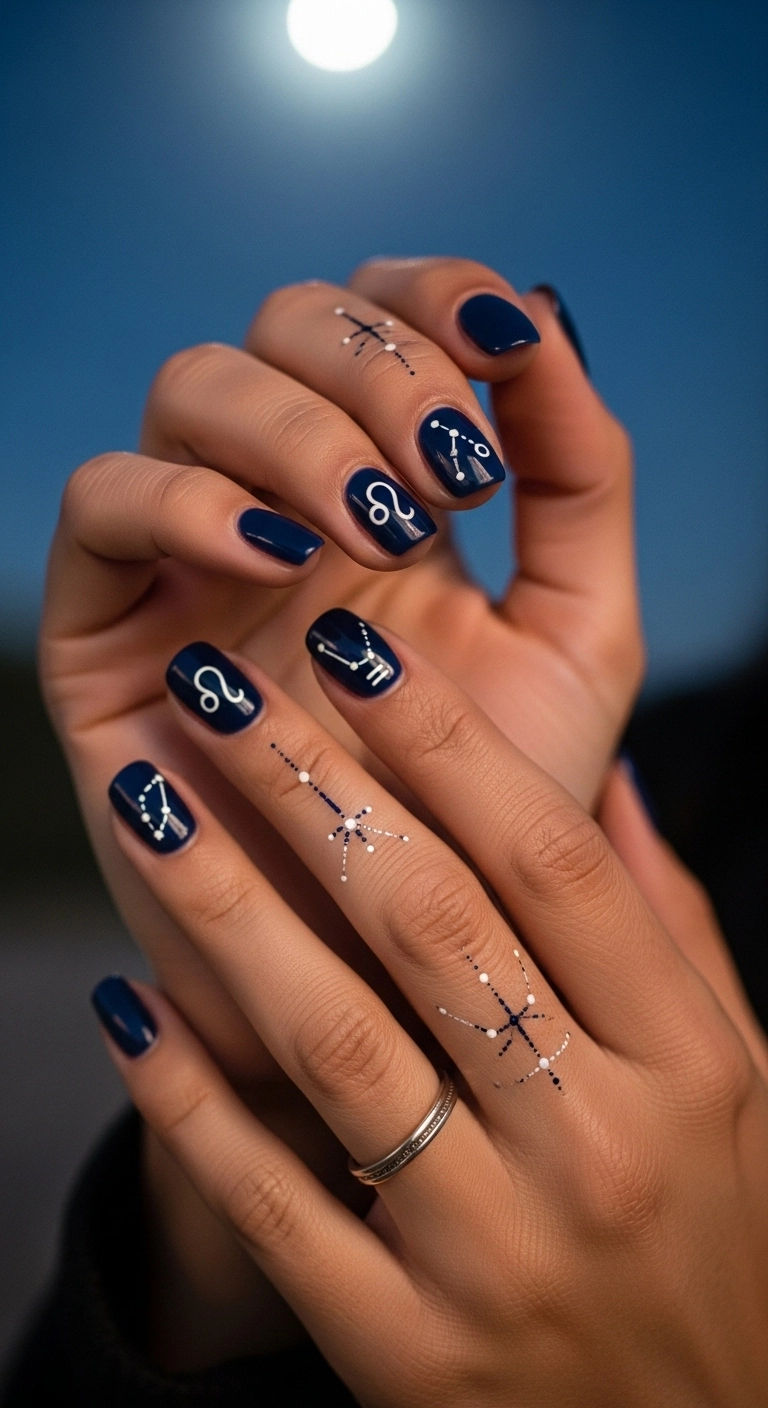 Short navy blue nails with a minimalist white zodiac constellation painted on the ring finger.