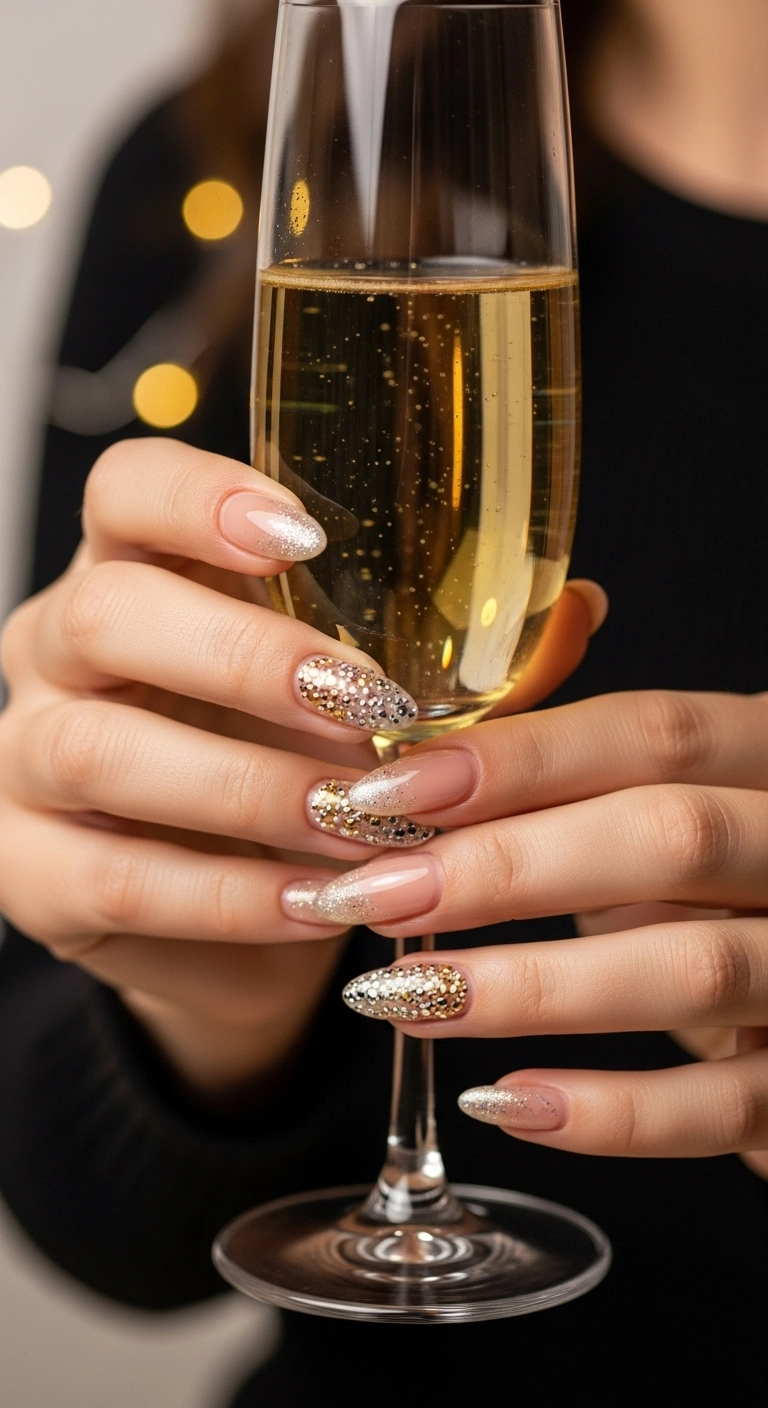 Elegant almond-shaped nails with a nude base and an accent nail with gold and silver beads that look like champagne bubbles.