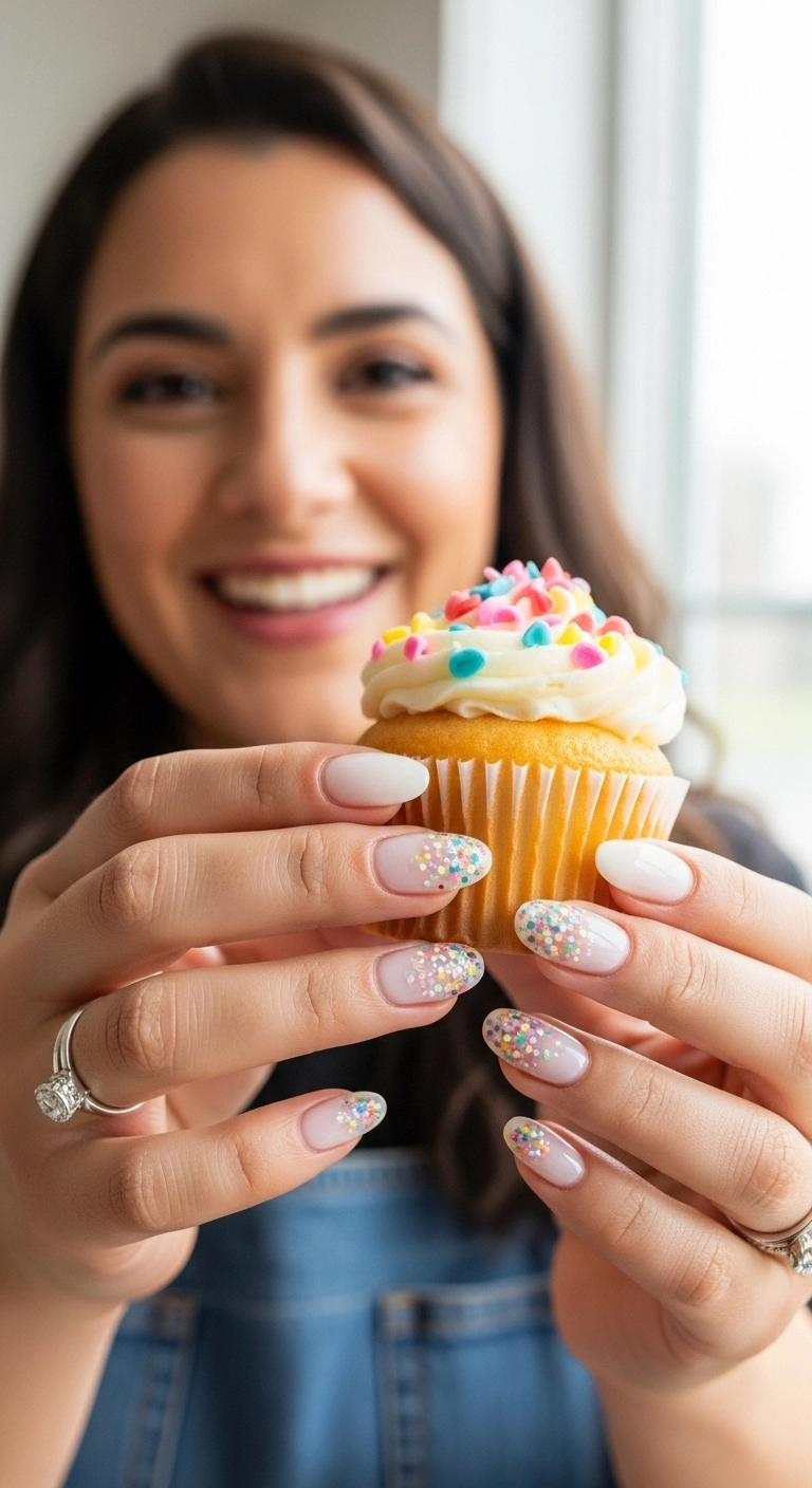 Milky white almond nails decorated with colorful funfetti sprinkles glitter, holding a cupcake.