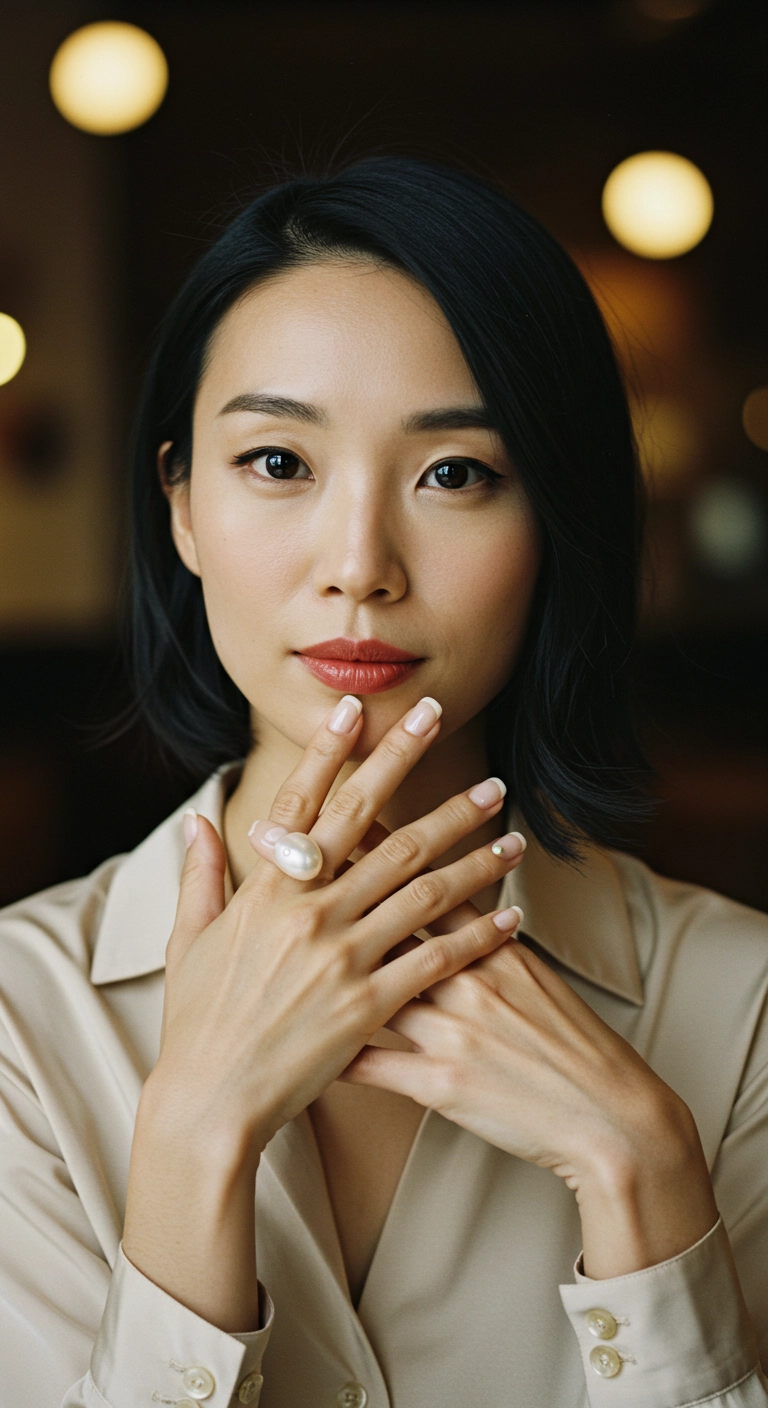 Short, milky white square nails, each adorned with a single tiny pearl at the cuticle for an elegant look.
