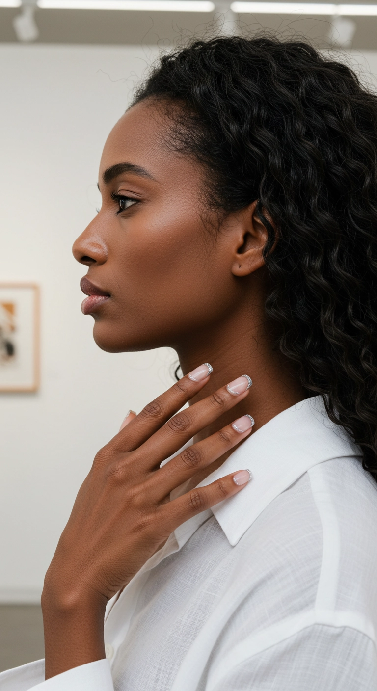 A modern French manicure on square nails with a thin, crisp silver glitter tip.