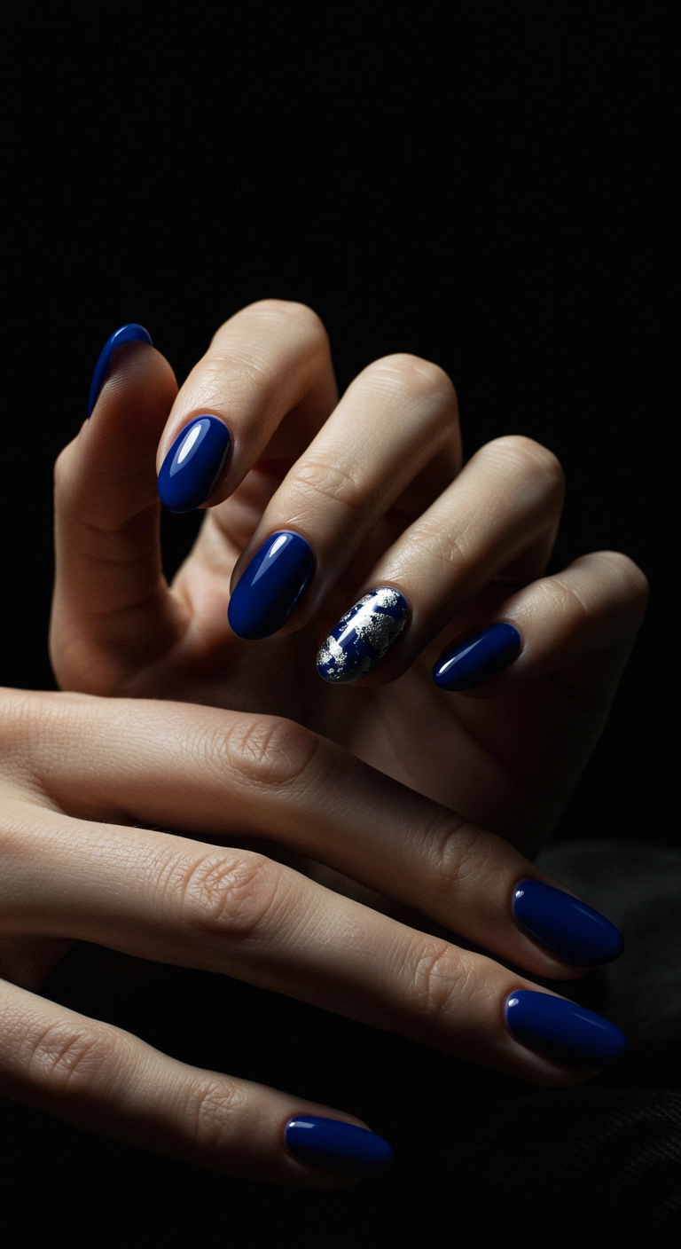 A close-up of dark sapphire blue nails, representing a birthstone, with silver foil accents on a velvet background.