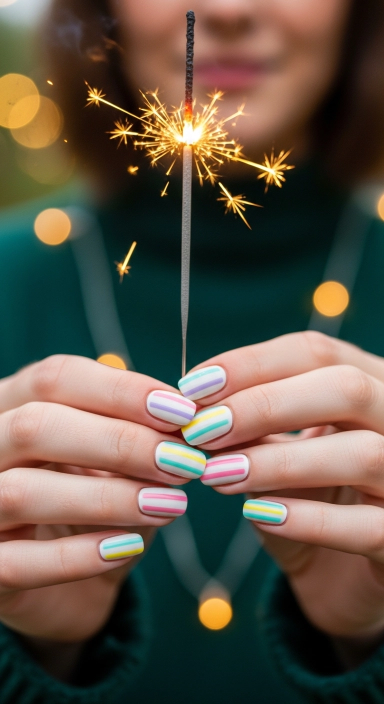 Short white nails decorated with thin, vertical pastel stripes resembling birthday candles.