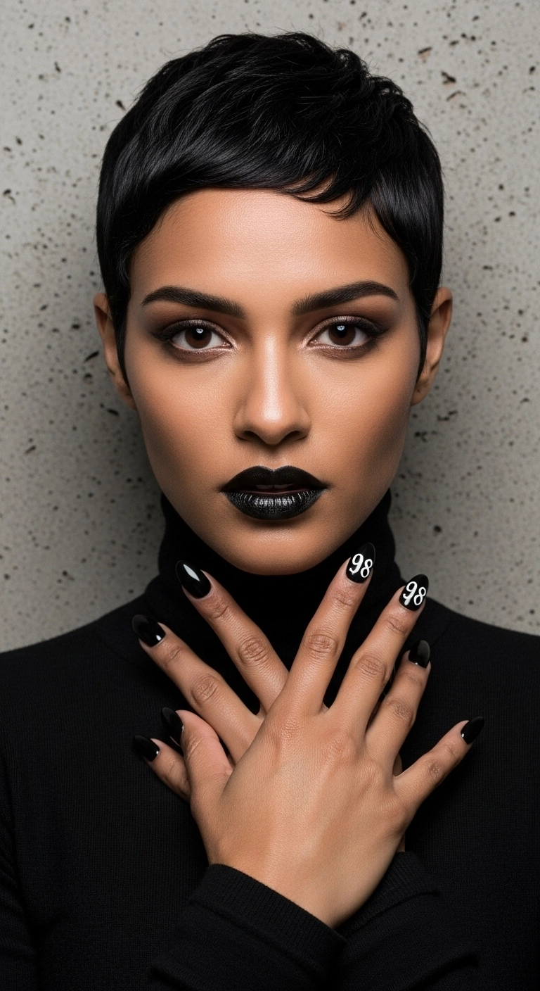 Glossy black almond nails with the birth year '98 painted in a white old English font on accent nails.