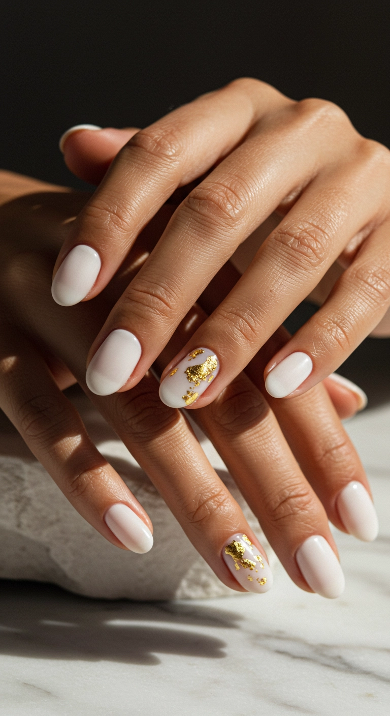 Creamy white oval nails with delicate and abstract gold leaf accents on a marble surface.