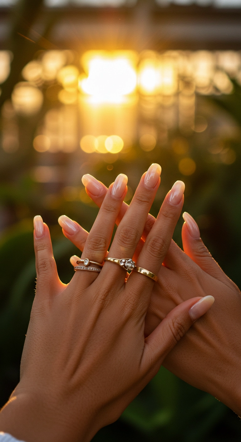 Long, natural oval nails with a sheer, pearlescent 'glazed donut' chrome finish, glowing in the golden hour light.