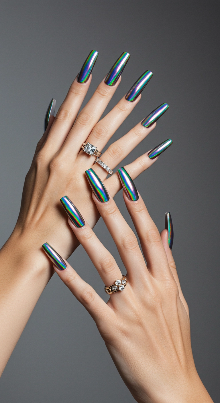 Long coffin-shaped nails with a mesmerizing holographic chrome finish that reflects rainbow colors.