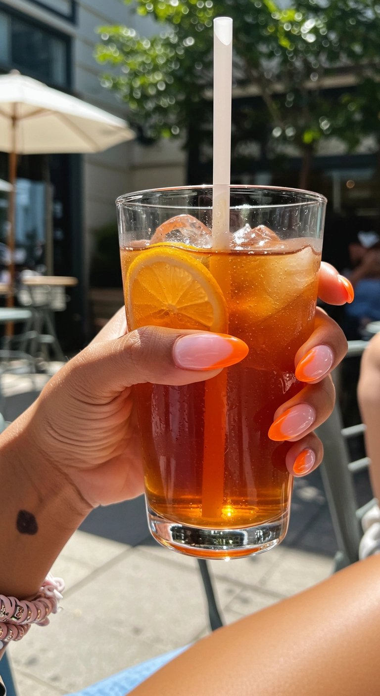 Almond-shaped nails with a pink and orange airbrushed aura design, creating a vibrant glowing effect.