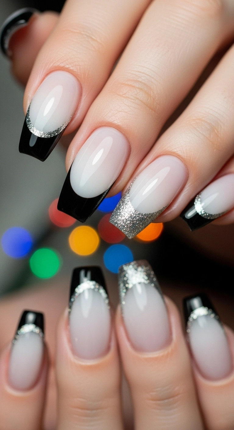 A macro shot of coffin nails with black french tips that are outlined in a fine silver glitter.