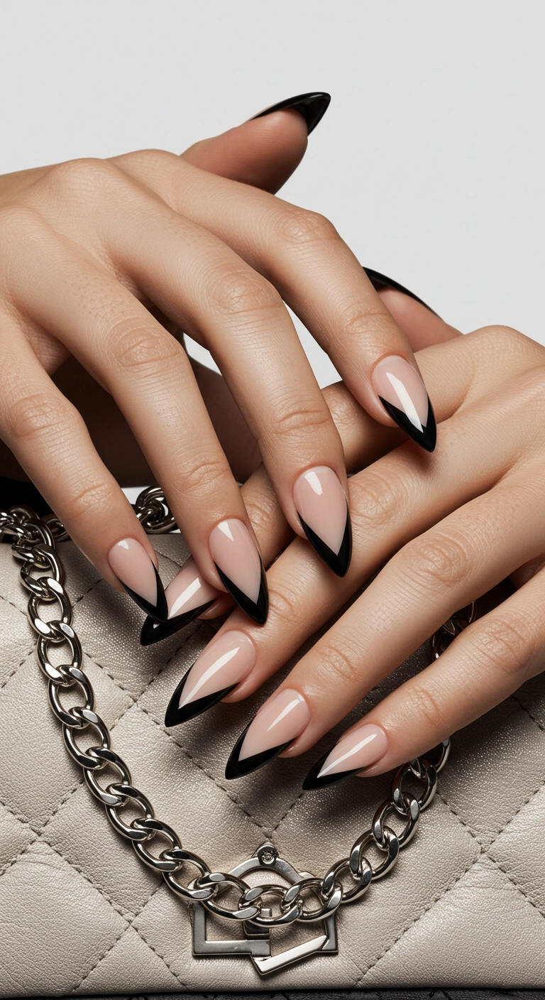 A woman's stiletto nails with sharp and edgy black V-cut (chevron) french tips.