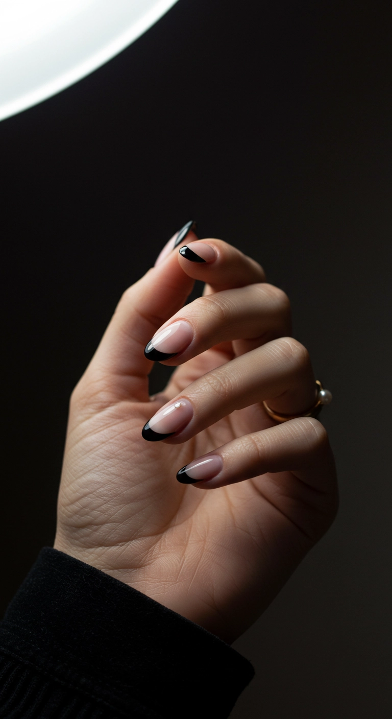 A woman's oval nails with black french tips and a delicate pearl accent on the ring finger.