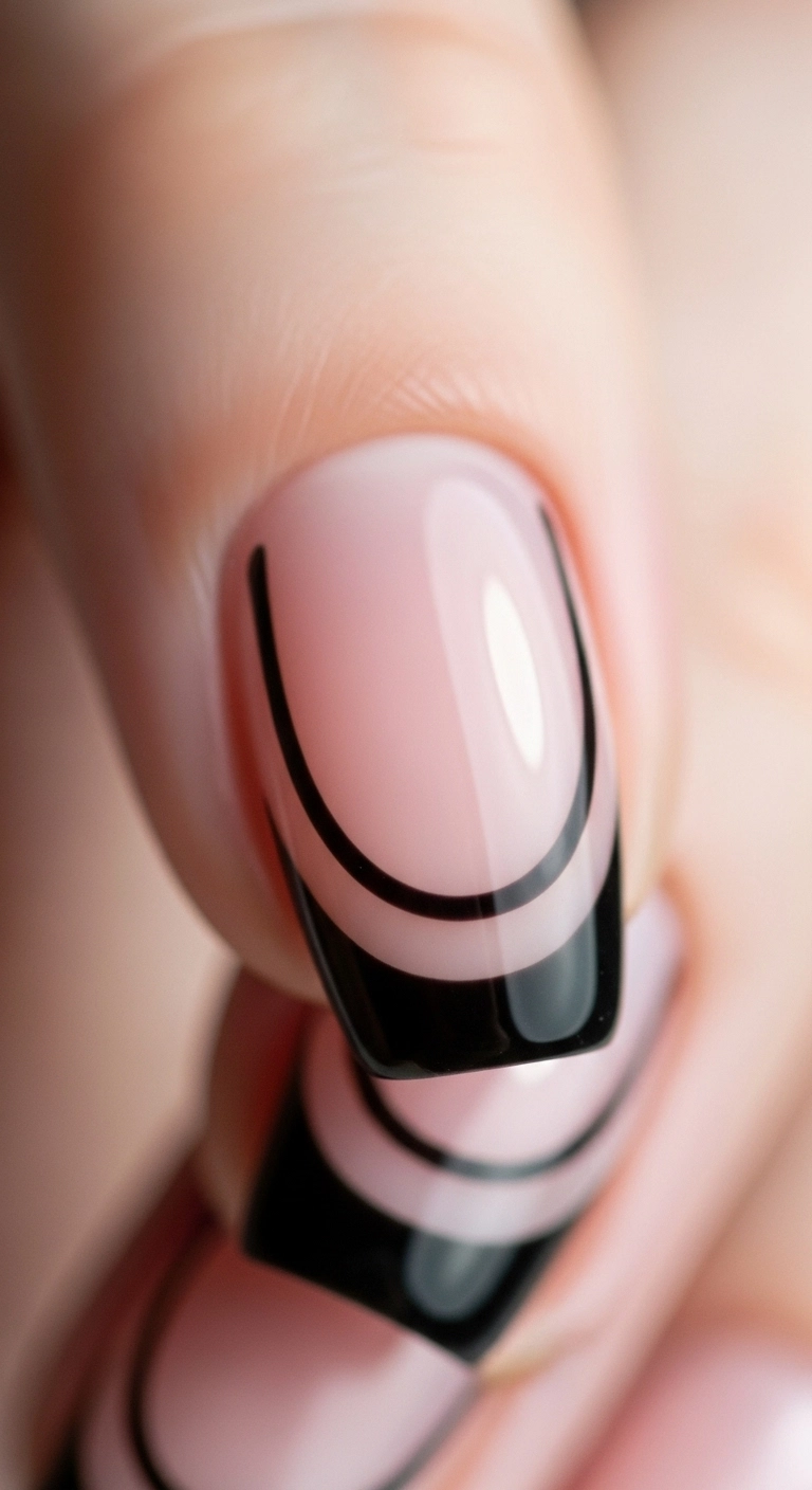 An extreme close-up of a rounded nail with a double black french tip design.