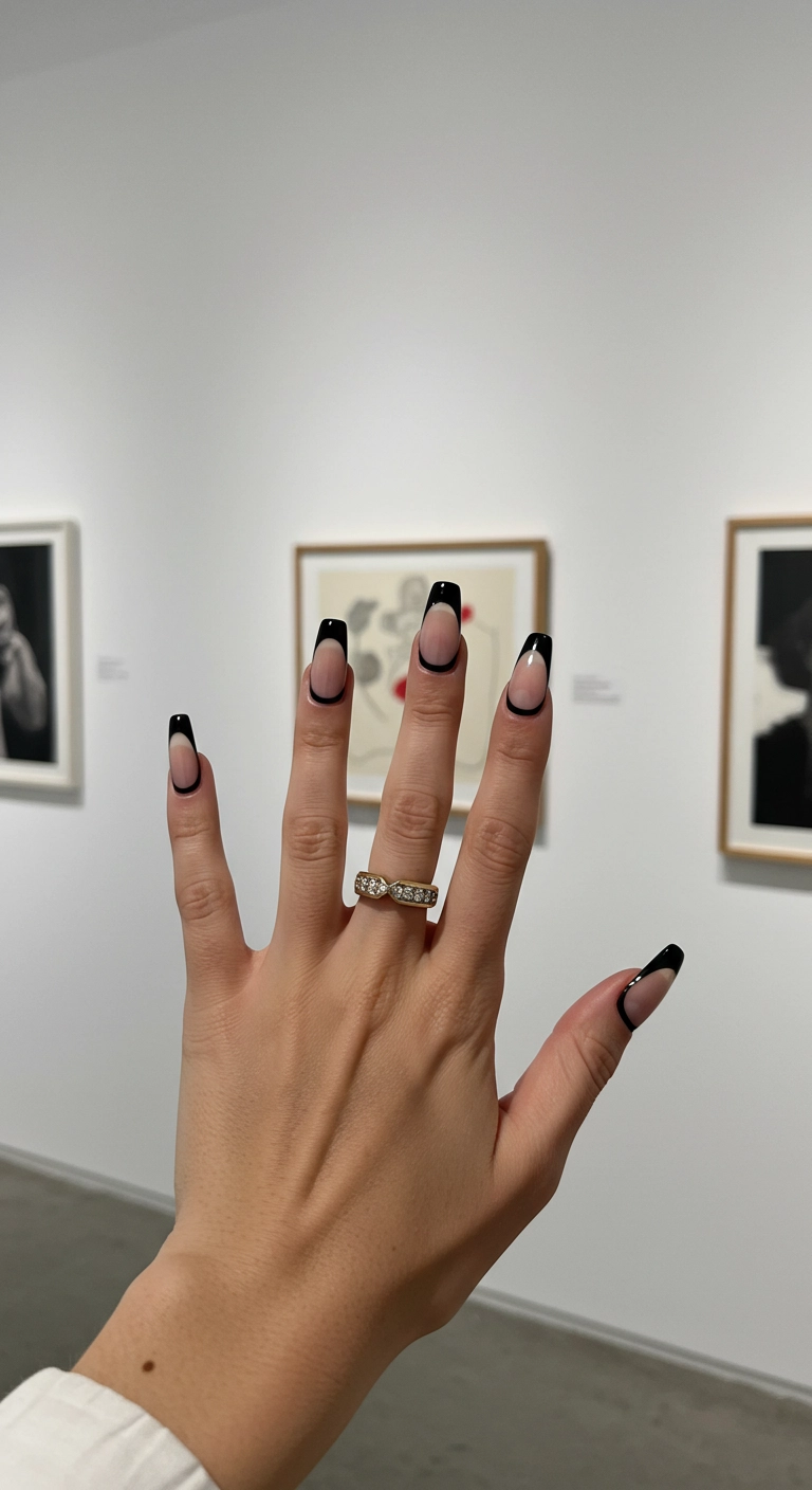 A woman's coffin nails with black french tips featuring a stylish negative space cutout.
