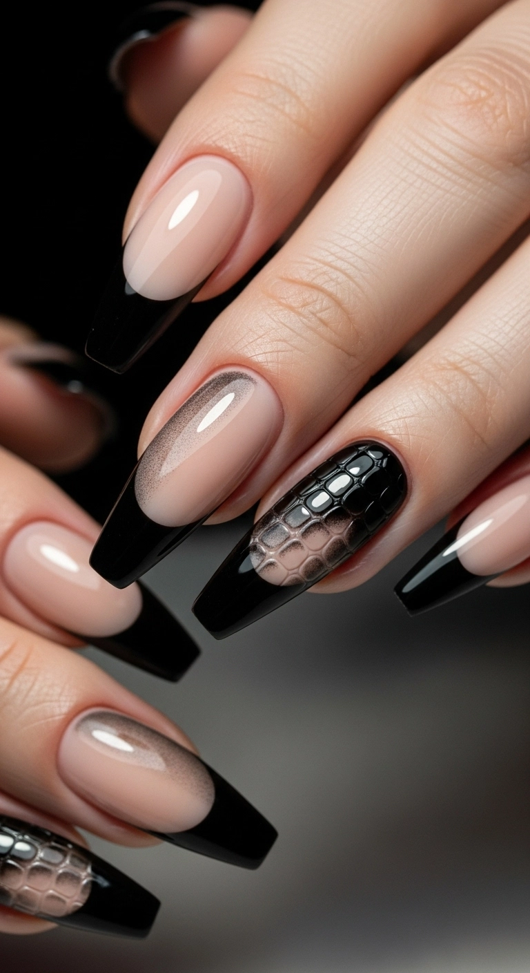 A macro shot showing stiletto nails with incredibly detailed black crocodile print french tips.