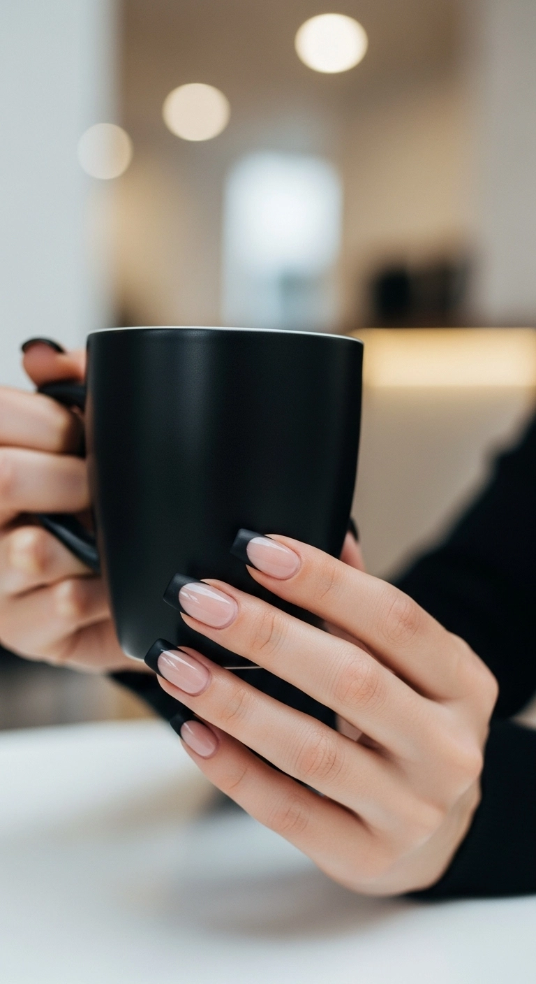 A woman's hands with square nails featuring a contrast of matte black tips and a glossy nude base.