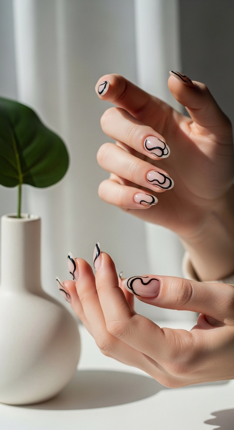 A woman's almond nails with artistic, free-flowing abstract black swirls on the tips.