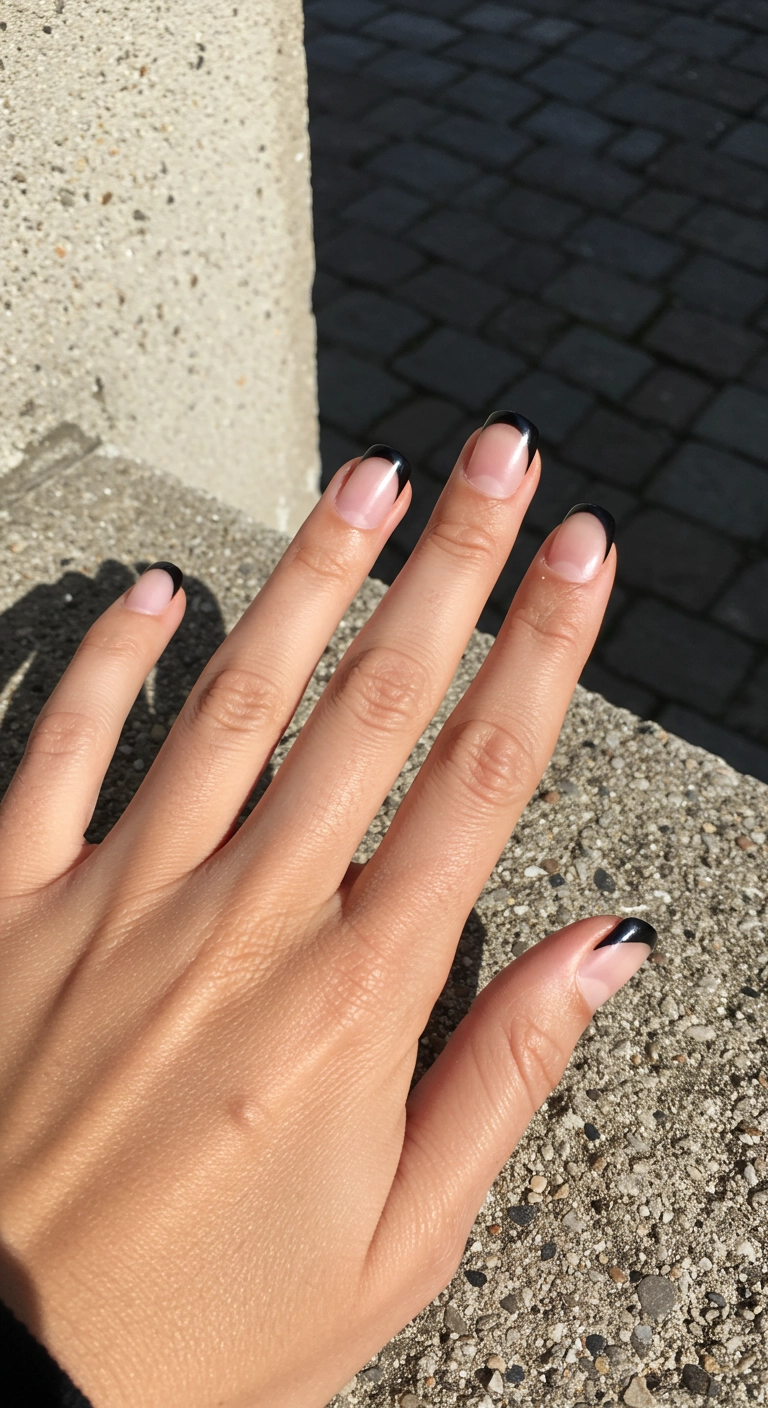 A woman's hand with short square nails featuring a modern, asymmetrical black side-tip design.